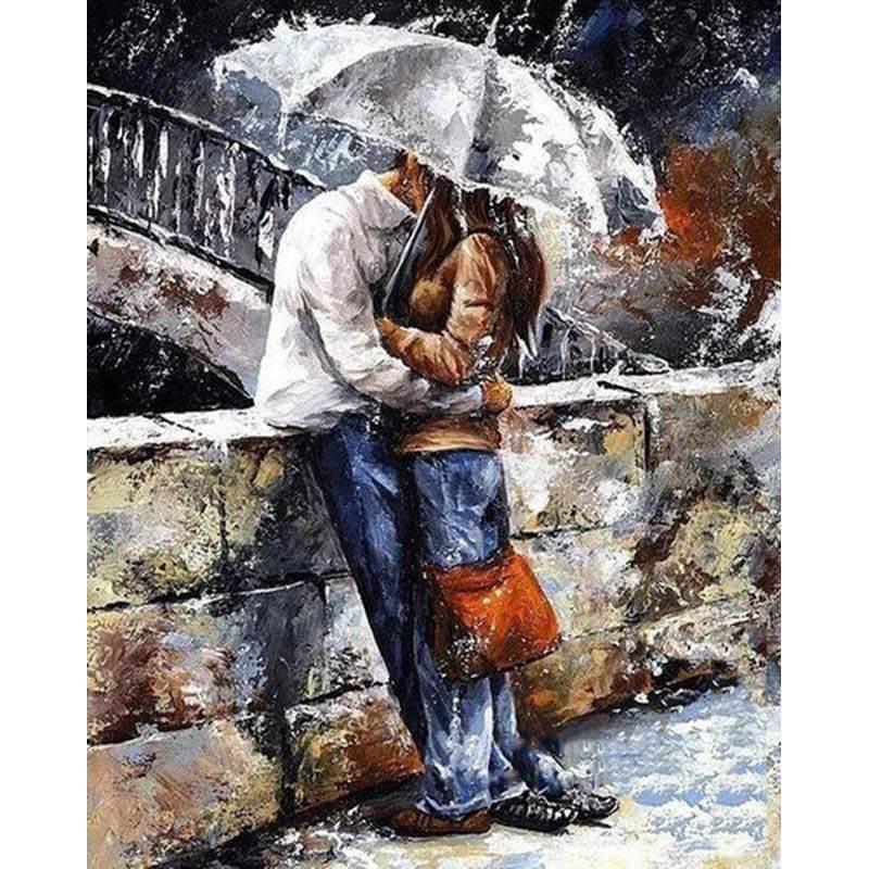 Liefdespaar in regen - Diamond Painting
