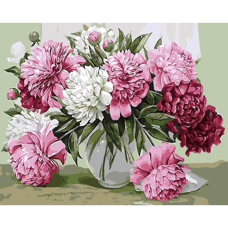 Witte, roze en rode bloemen - Diamond Painting