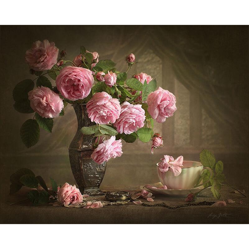 Roze rozen vallen uit - Diamond Painting