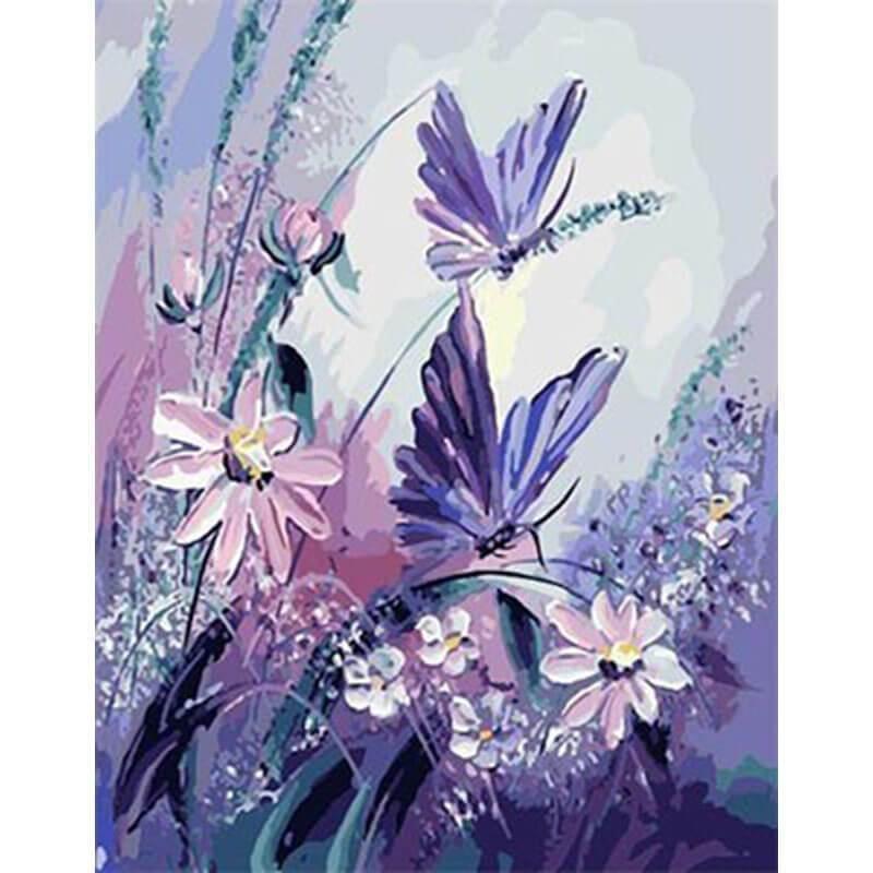 Paarse vlinders op bloemen - Diamond Painting