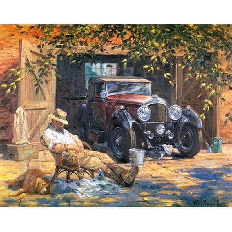Slapende man voor Oldtimer - Diamond Painting