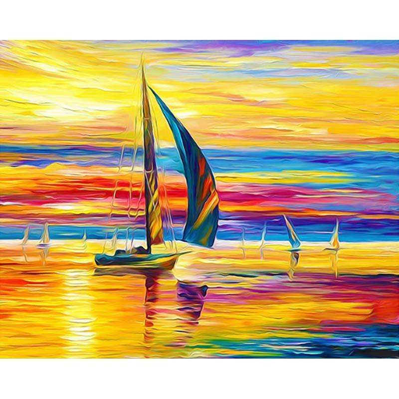Zeilboot in zee met mooie hemel - Diamond Painting