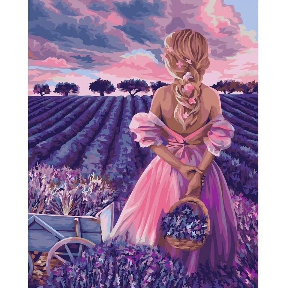 Vrouw op bloemenweide - Diamond Painting