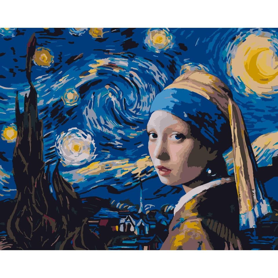 Meisje met de parel bij de Sterrennacht - Diamond Painting