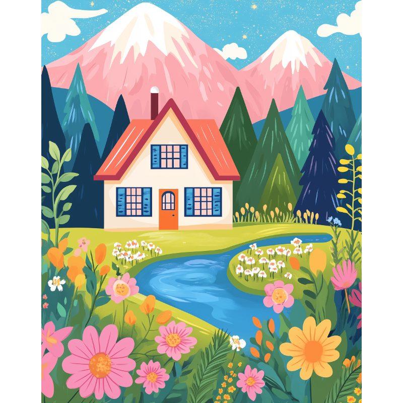 Kleurrijk huis in het bos - Diamond Painting