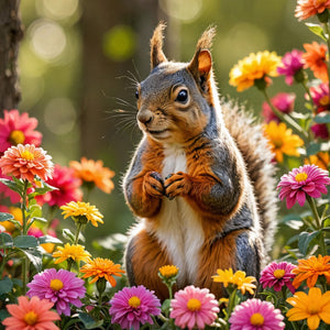 Eekhoorn bij bloemen