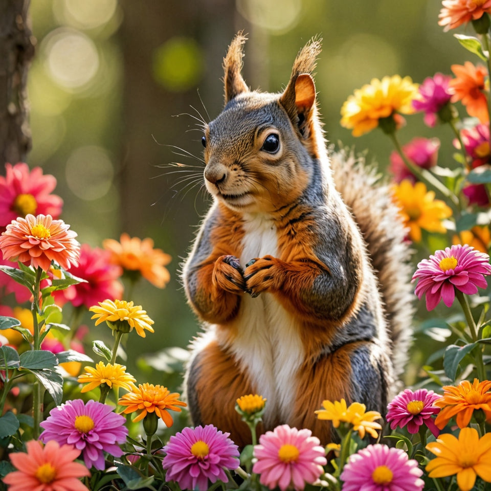 Eekhoorn bij bloemen