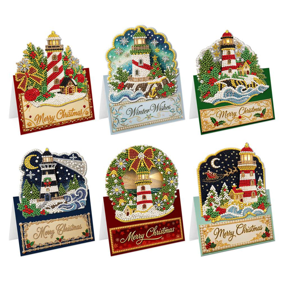 Parel Diamond Painting Kerstkaarten - Winter Vuurtoren Set