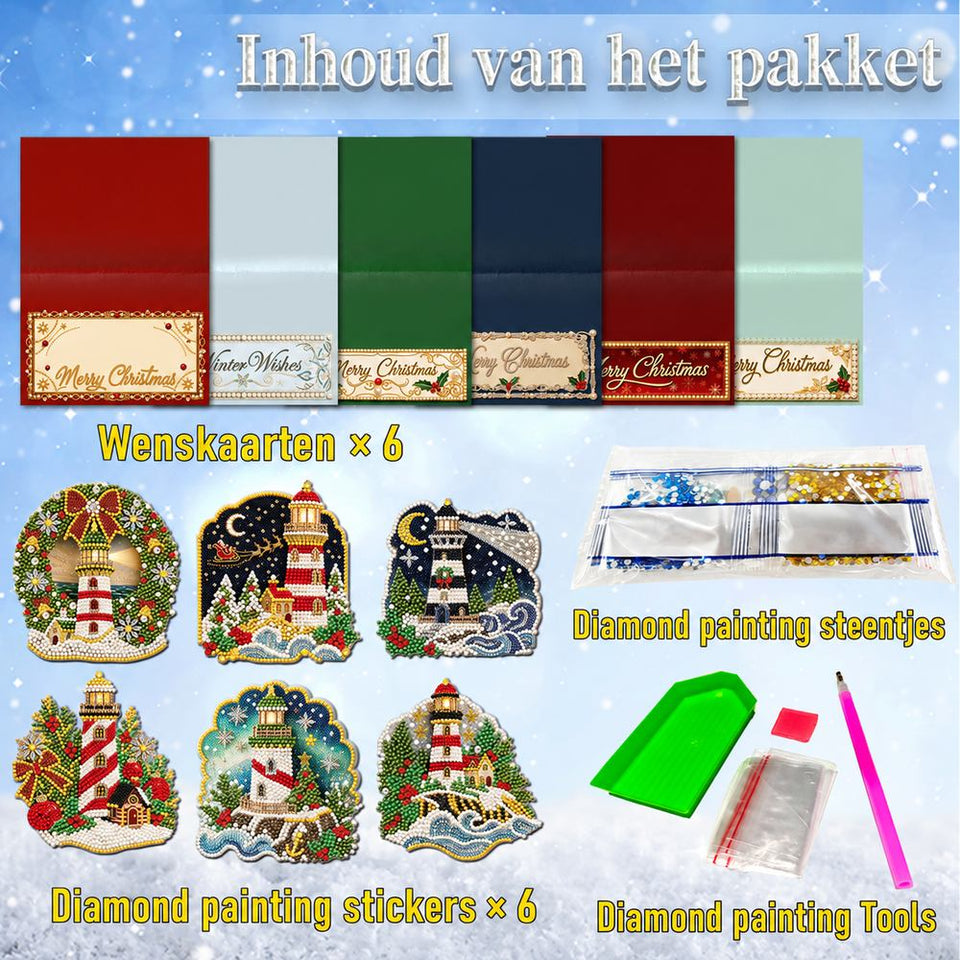 Parel Diamond Painting Kerstkaarten - Winter Vuurtoren Set