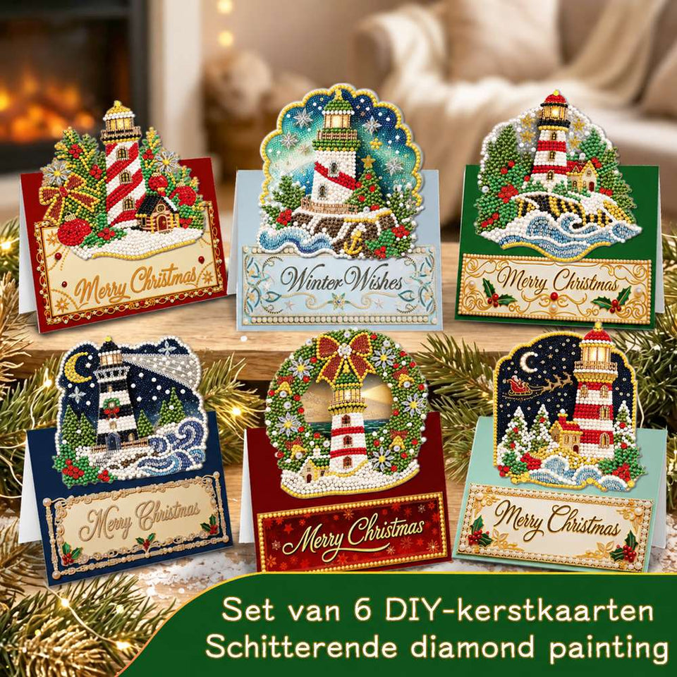 Parel Diamond Painting Kerstkaarten - Winter Vuurtoren Set