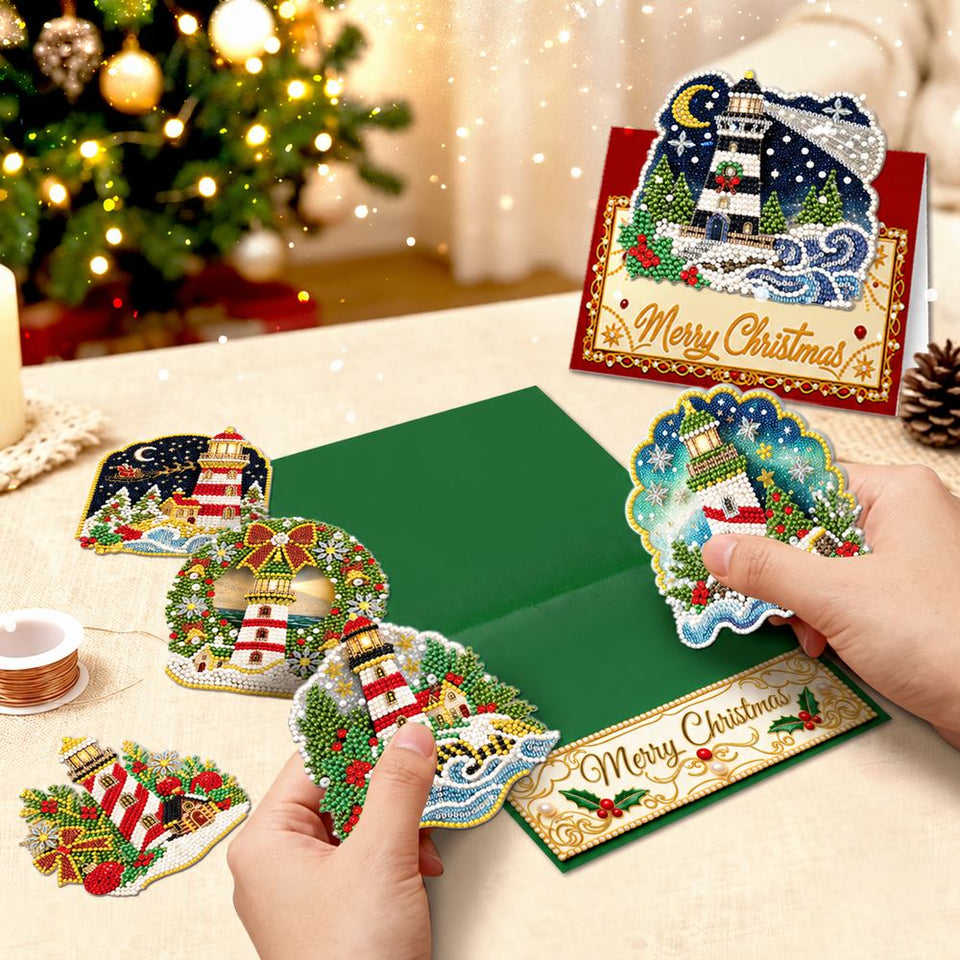 Parel Diamond Painting Kerstkaarten - Winter Vuurtoren Set