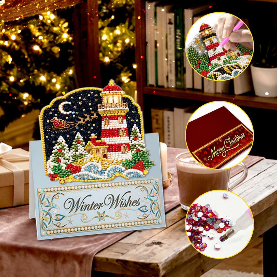Parel Diamond Painting Kerstkaarten - Winter Vuurtoren Set