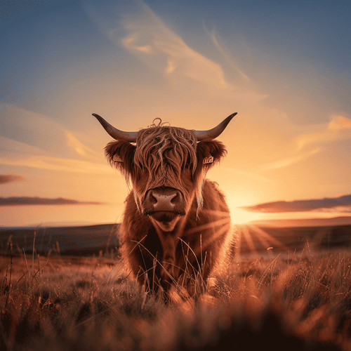 Schotse Hooglander bij zonsondergang